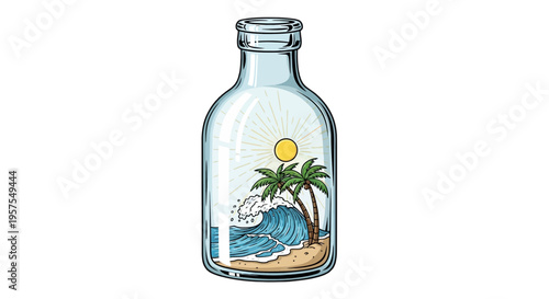 Glass bottle containing tropical beach island scene with palm trees and ocean waves