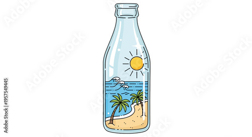 Bottle containing miniature beach scene with ocean waves and palm trees under sun