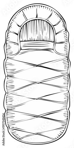 Line drawing of a mummy sarcophagus, black and white illustration.