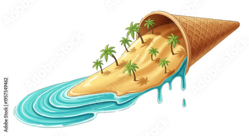 Creative ice cream cone opening into tropical island with sandy beach and palm trees art