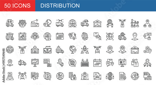 Distribution icons set, logistics delivery symbols, supply chain elements, shipping transport line icons, warehouse delivery concept, global distribution infographic