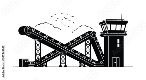 A stark black silhouette depicts an airport control tower a conveyor and birds in flight creating a dramatic silhouette high quality