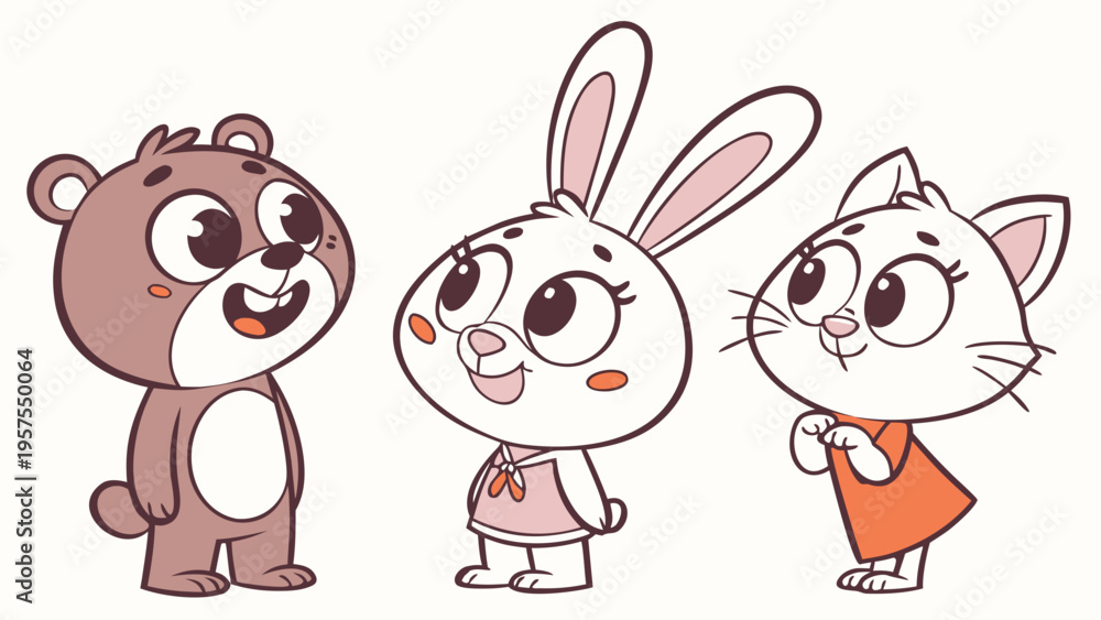 Fototapeta premium A colorful illustration of three cute cartoon animals standing together in a friendly pose