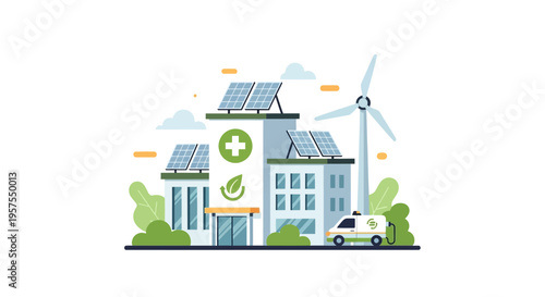 Sustainable Green Hospital Building with Solar Panels, Wind Turbine, and EV Charging Station