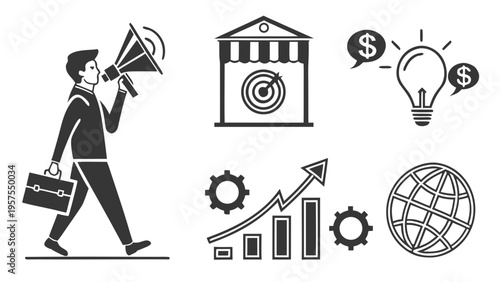 A vector graphic illustration of business concepts and icons in a flat minimal design style