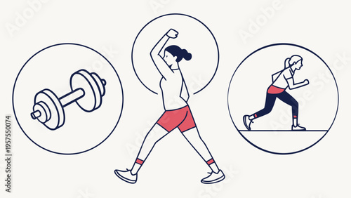 A vector graphic illustration of a woman engaging in various fitness activities with a dumbbell