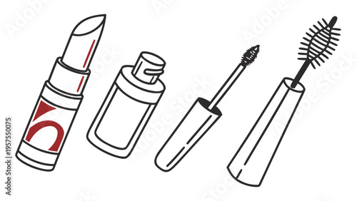 A vector graphic illustration of various makeup products including lipstick and mascara