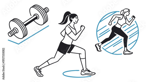 A vector graphic illustration of women exercising with a dumbbell and running in a modern fitness design