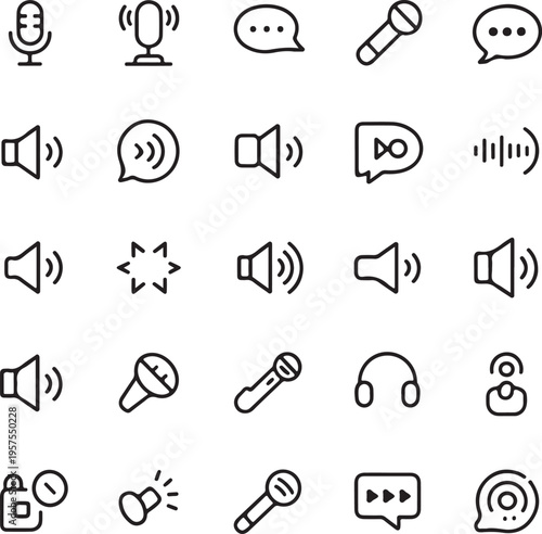 Versatile collection of linear audio and communication icons for digital interfaces, enhancing user interaction and sound control in modern applications and web design projects