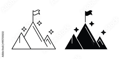 Mountain top flag icon vector. Black Silhouette and Outline Style for Business Goals, Success, and Achievement.