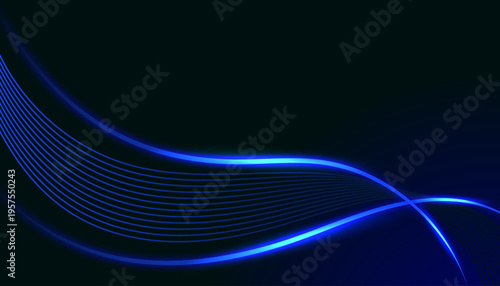 Glowing blue neon wave background with flowing curved lines, futuristic digital energy streaks, and smooth abstract motion design for modern technology visuals.