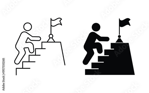 Person climbing stairs with a flag icon set. Progress and career growth icon.  symbolizing goal achievement, in solid, outline vector.
