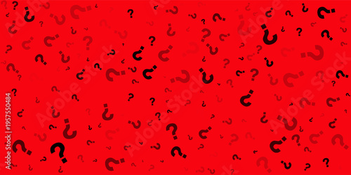 Abstract red background filled with scattered question mark symbols in different sizes and opacity. Modern conceptual pattern representing curiosity, mystery, 