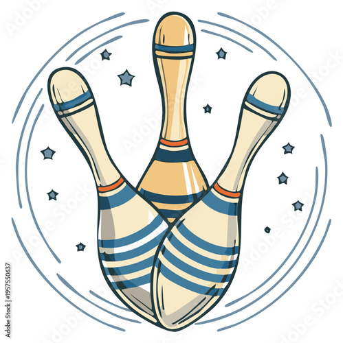Classic Bowling Pins Arranged in a Starburst Pattern Surrounded by Swirling Lines and Stars