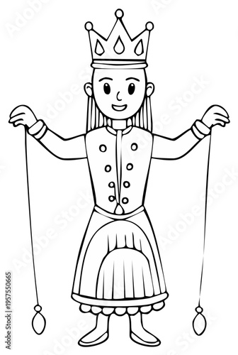 Cartoon puppet figure wearing a crown holding strings in black and white