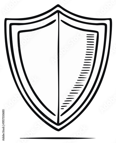 Hand drawn black and white shield symbol representing protection and security with a sketch style