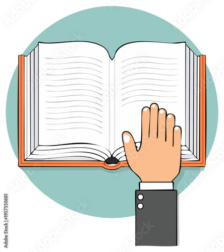 Hand raised over an open book, oath taking or legal concept illustration.