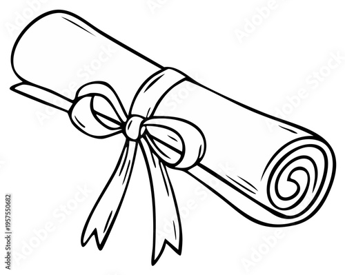 Hand-drawn diploma scroll tied with ribbon, graduation or achievement reward, academic certificate outline, vintage style.
