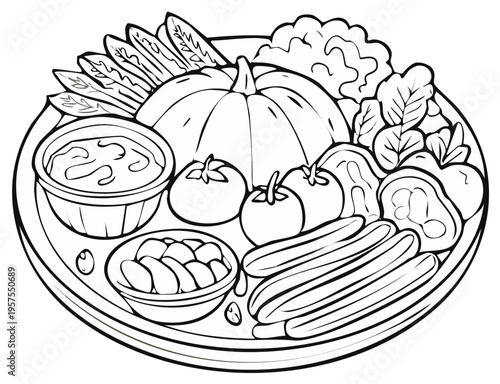 Vegetable platter with pumpkin and dips monochrome illustration for coloring book