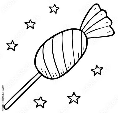 Doodle of Candy surrounded by Stars. Single Line Illustration
