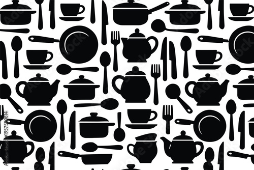 Seamless Kitchen Utensils Pattern Featuring Teapots Cups Plates Spoons Forks and Cookware Repeating Background Design Illustration