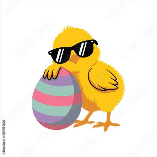 A cool chick wearing sunglasses hugs a colorful striped easter egg, ready for the holiday.