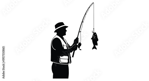 A fisherman stands poised with a rod a caught fish dangling below rendered as a striking silhouette high quality professional detailed
