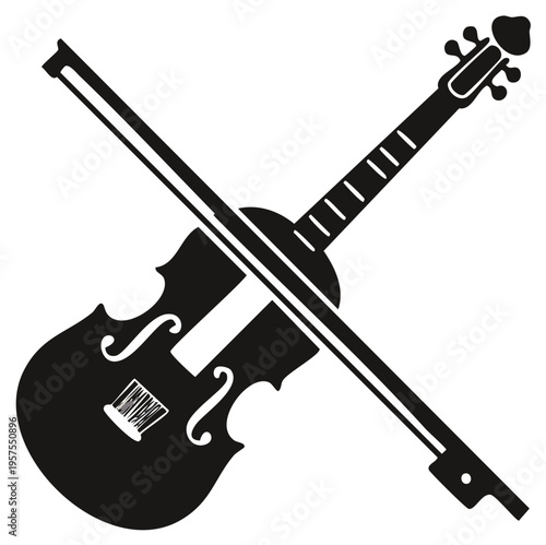 Black silhouette of a classical violin and bow crossed for musical illustration and design