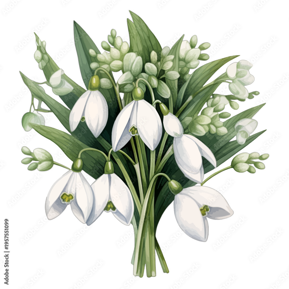 Obraz premium Watercolor Snowdrop and Lily of the Valley Flower Bouquet, White Spring Floral Clipart Isolated on White 