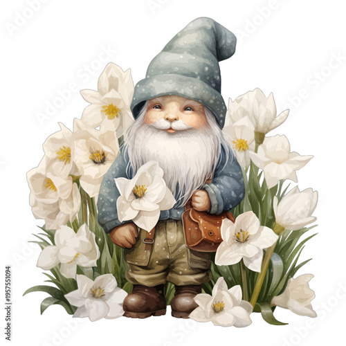 Watercolor Garden Gnome with White Flowers and Satchel, Whimsical Spring Fantasy Character Clipart Isolated on White