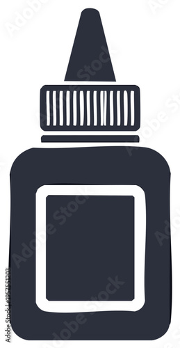 Simple dark blue glue bottle with a white label and ribbed cap and applicator tip