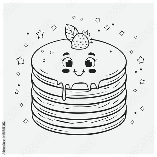Cute Stack of Pancakes with Strawberry and Mint Leaf, Character Face and Sparkling Stars, Outline Drawing