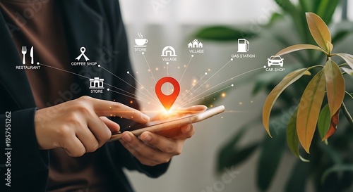 Person holding smartphone with location pin and for various businesses business restaurant coffee shop