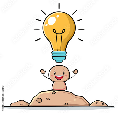 Cheerful Cartoon Person with Lightbulb Idea Standing on Hilltop Smiling with Hands Up
