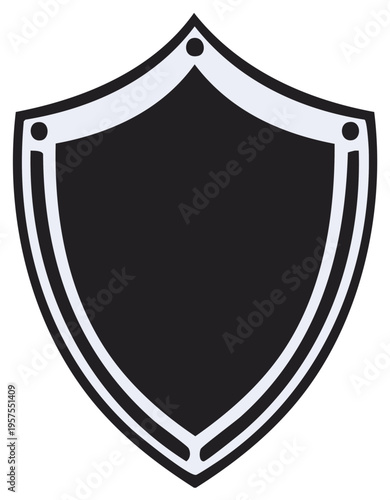 Stylized black shield icon with crisp white border and rivet details representing safety security and achievement