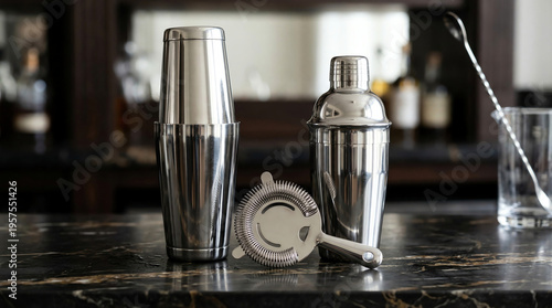 Boston shaker and cobbler shaker with Hawthorne strainer on dark marble