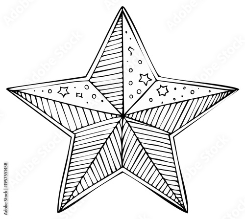 Hand-drawn five-pointed star sketch. Geometric linear star element with doodle details for festive art design.
