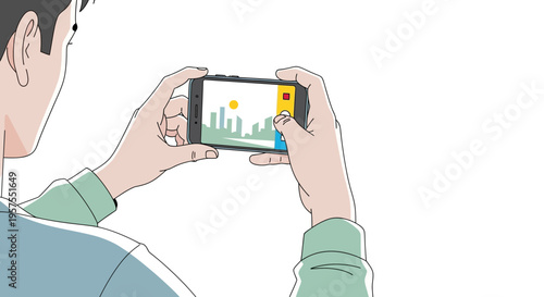 Man holding smartphone, taking photo of stylized cityscape with sun and buildings
