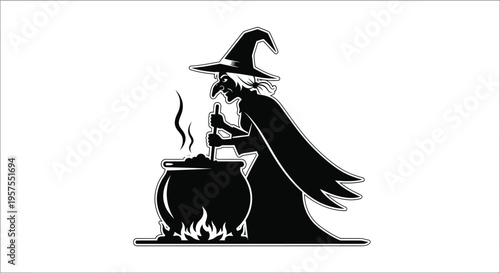 A detailed black silhouette depicts an old witch stirring a cauldron over a fire evoking halloween imagery silhouette high quality professional