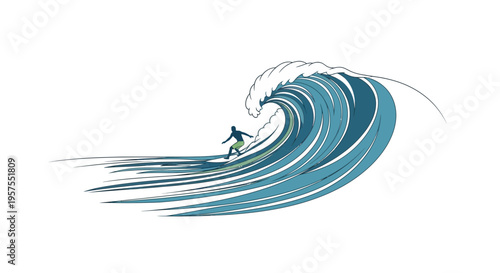 Surfer riding a massive ocean wave, dynamic water splash and spray, isolated on white background