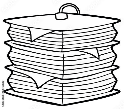 Stack of papers secured with a lock. Business paperwork overload monochrome illustration.