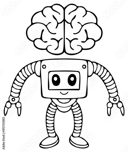 Cartoon robot with a brain conceptual illustration