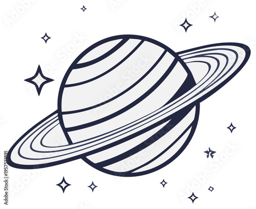 Isolated Saturn planet with rings and stars. Celestial body vector illustration. Space theme.