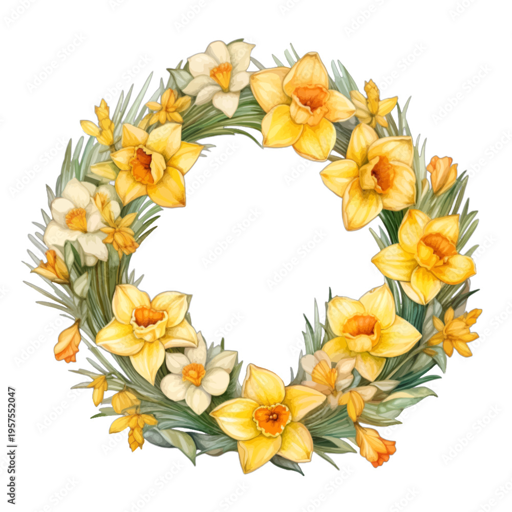 Fototapeta premium Watercolor Yellow Daffodil Wreath Clipart, Spring Narcissus Floral Frame Illustration Isolated on White Background