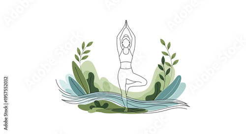 Woman doing yoga tree pose by serene water and lush green foliage, minimalist line art style.
