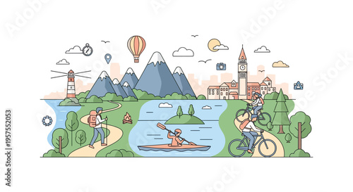 Outdoor Adventure Panorama: Hiking, Kayaking, Cycling, Mountains, Lake, Cityscape, Hot Air Balloon