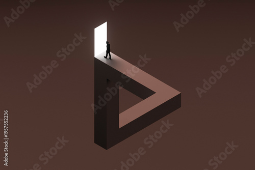 3D portal triangle escape with lone figure and white door