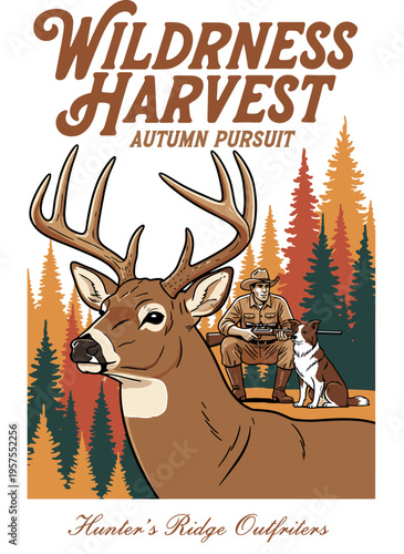 Vintage hunting club poster with deer buck and hunter, wilderness harvest autumn pursuit vector illustration for t-shirt design