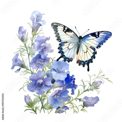 Watercolor Blue Swallowtail Butterfly and Purple Bellflower Bouquet