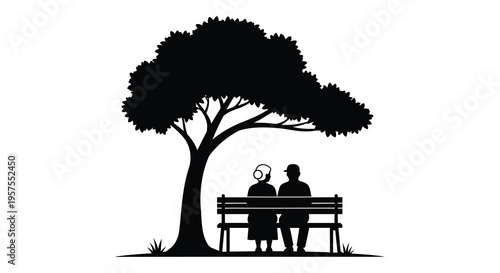 An elderly couple sits on a park bench beneath a large tree presented as a striking silhouette high quality professional detailed